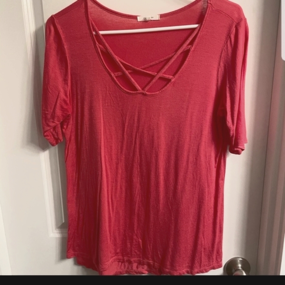 Maurices Tops - Maurices Coral Quarter Sleeve Top with Criss Cross Chest